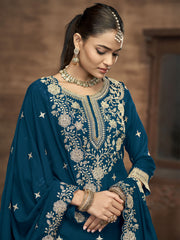 Blue Kurti Style Embroidered Silk Lehenga Style Suit