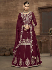 Maroon Kurti Style Embroidered Silk Lehenga Style Suit