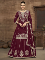 Maroon Kurti Style Embroidered Silk Lehenga Style Suit