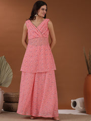Pink Abstract Printed V-Neck A-Line Kurti with Palazzos