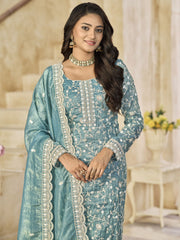 Blue Organza Material Pant Style Suit
