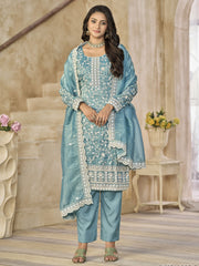Blue Organza Material Pant Style Suit