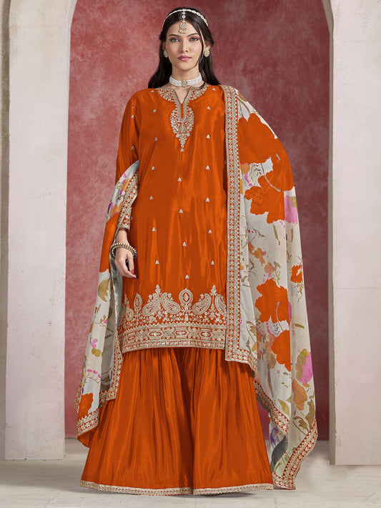 Orange Zari Threads Work Festive Gharara Style Suit