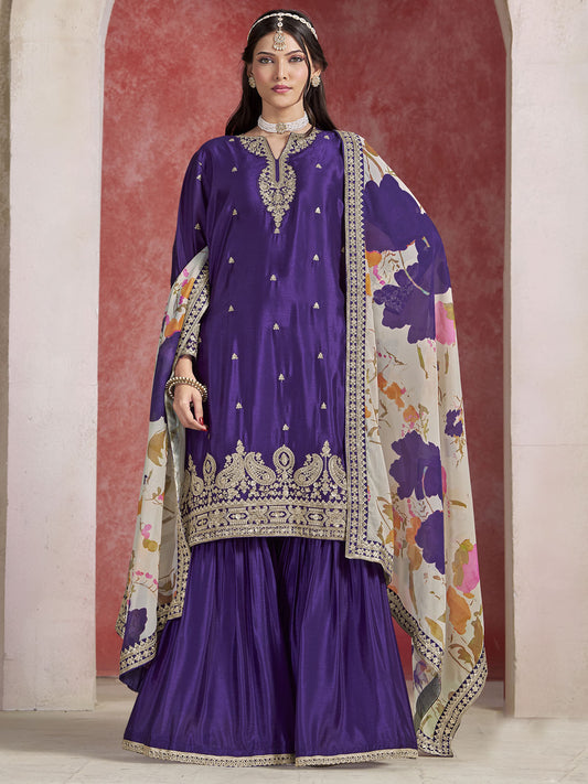 Purple Zari Threads Work Festive Gharara Style Suit