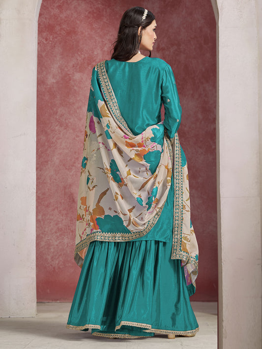 Turquoise Zari Threads Work Festive Gharara Style Suit