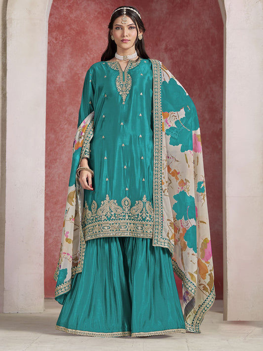 Turquoise Zari Threads Work Festive Gharara Style Suit