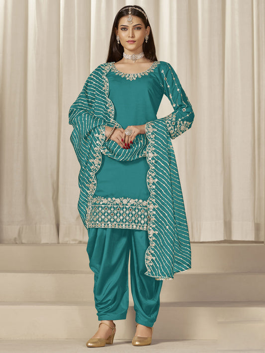 Teal Silk Embroidered Sequins With Mirror Work Salwar Suit Festive Wear