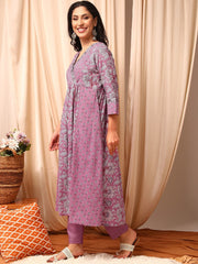 Pink Women Floral Printed Angrakha Thread Work Kurta with Trousers