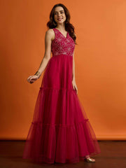 Embroidered V-Neck Maxi Ethnic Dresses