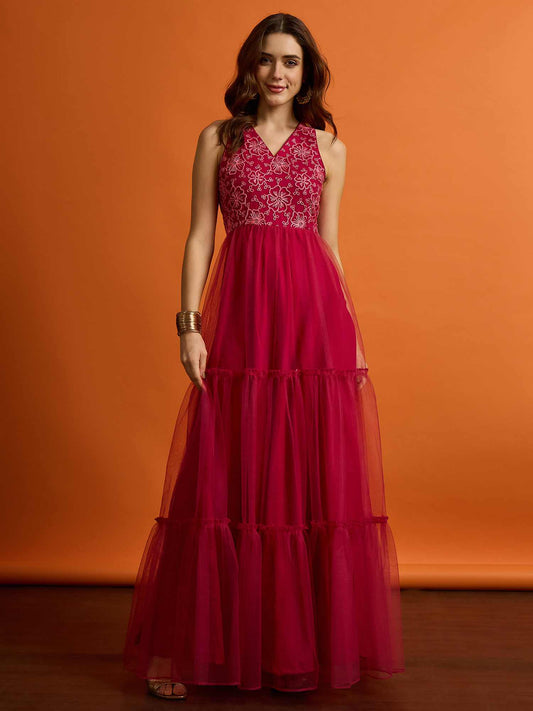 Embroidered V-Neck Maxi Ethnic Dresses