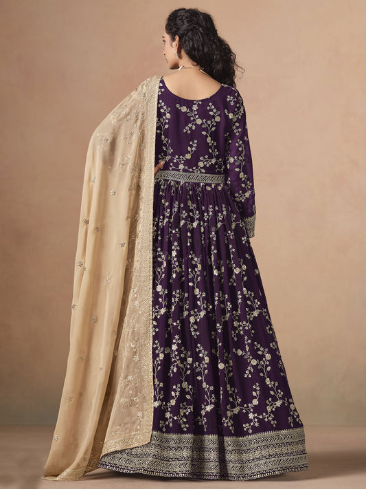 Wine Faux Georgette Embroidered Long Anarkali Suit