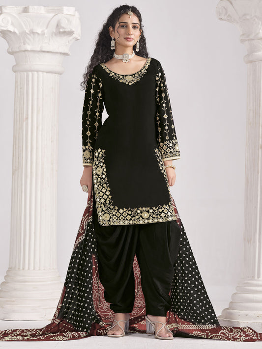Black Silk Embroidered Mirror Work And Zari Dhoti Suit Festive Wear