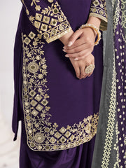 Purple Silk Embroidered Mirror Work And Zari Dhoti Suit Festive Wear