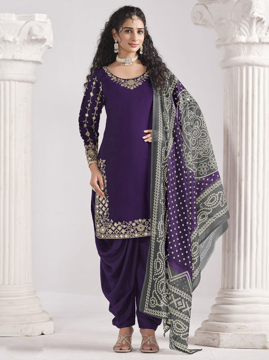 Purple Silk Embroidered Mirror Work And Zari Dhoti Suit Festive Wear