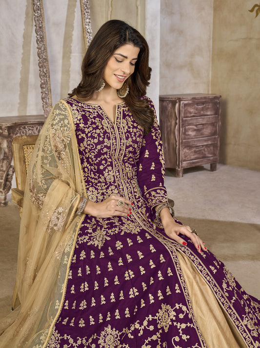Purple Art Silk Lehenga Slit Style Festive Anarkali Suit
