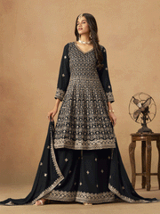 Black Faux Georgette Zari Embroidered Sequins Palazzo Suit Festive Wear