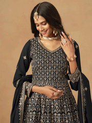 Black Faux Georgette Zari Embroidered Sequins Palazzo Suit Festive Wear