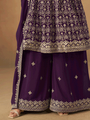 Purple Faux Georgette Zari Embroidered Sequins Palazzo Suit Festive Wear