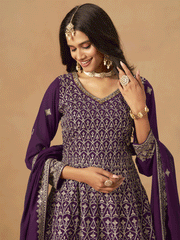 Purple Faux Georgette Zari Embroidered Sequins Palazzo Suit Festive Wear