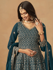 Teal Faux Georgette Zari Embroidered Sequins Palazzo Suit Festive Wear