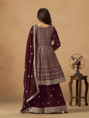 Maroon Faux Georgette Zari Embroidered Sequins Palazzo Suit Festive Wear