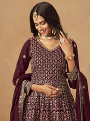 Maroon Faux Georgette Zari Embroidered Sequins Palazzo Suit Festive Wear