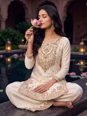 Off White All Over Beads Work Wedding Festive Palazzo Suit