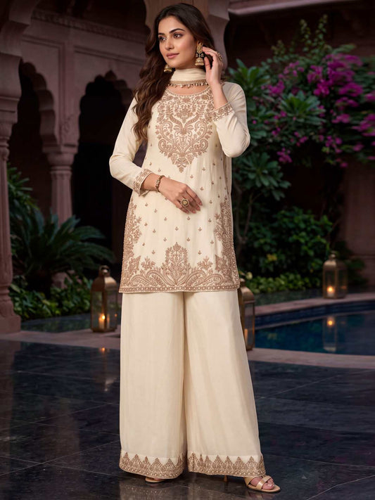 Off White All Over Beads Work Wedding Festive Palazzo Suit