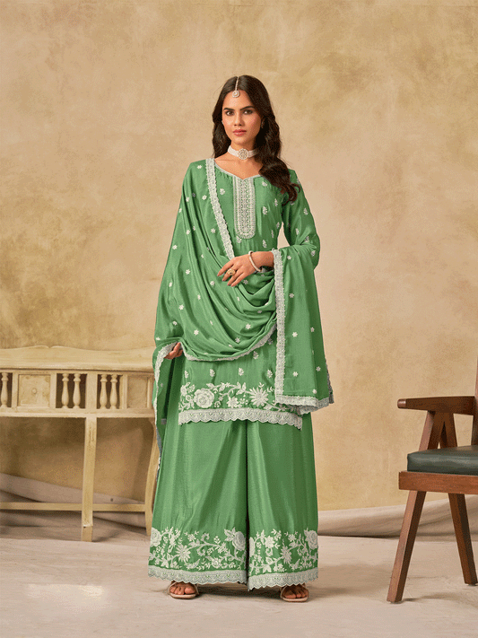 Green Chinon Thread Embroidered Palazzo Suit Festive Wear