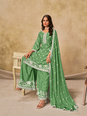 Green Chinon Thread Embroidered Palazzo Suit Festive Wear