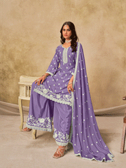 Lavender Chinon Thread Embroidered Palazzo Suit Festive Wear