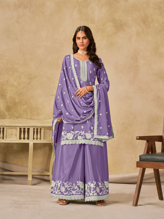 Lavender Chinon Thread Embroidered Palazzo Suit Festive Wear