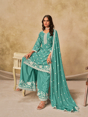 Aqua Blue Chinon Thread Embroidered Palazzo Suit Festive Wear