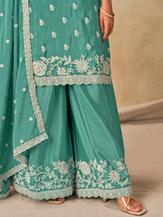 Aqua Blue Chinon Thread Embroidered Palazzo Suit Festive Wear