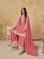 Pink Chinon Thread Embroidered Palazzo Suit Festive Wear