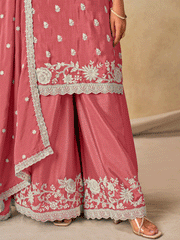 Pink Chinon Thread Embroidered Palazzo Suit Festive Wear