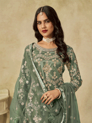 Green Beautifully Embroidered Net Wedding Palazzo Suit