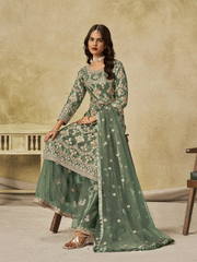 Green Beautifully Embroidered Net Wedding Palazzo Suit