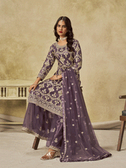Purple Beautifully Embroidered Net Wedding Palazzo Suit