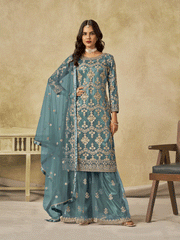 Teal Beautifully Embroidered Net Wedding Palazzo Suit