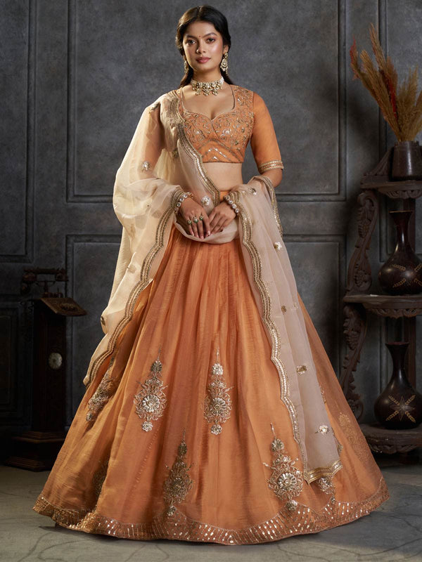 Orange Organza Embroidery Designer Lehenga Choli