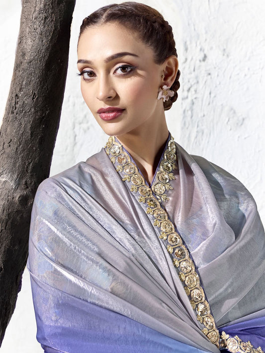 Vyoma Soft Silk Zardoshi Border Saree In Ombre Blue