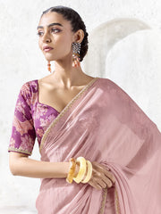 Roselle Tissue Silk Minimal Border Saree In Blush Pink
