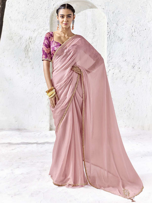 Roselle Tissue Silk Minimal Border Saree In Blush Pink