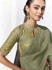 Verdea Tissue Silk Embellished Border Saree In Green