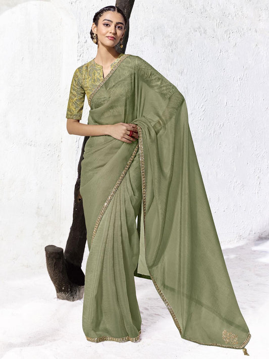 Verdea Tissue Silk Embellished Border Saree In Green