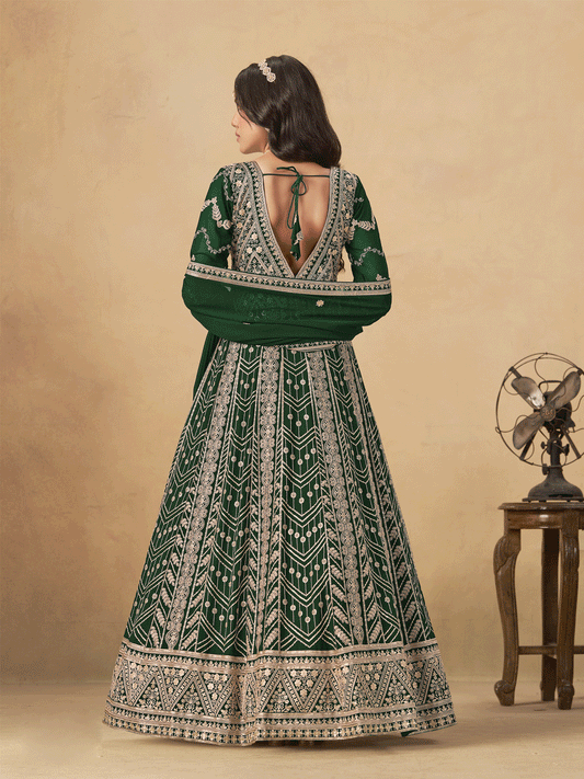 Georgette Bottle Green Embroidered Wedding Anarkali Suit