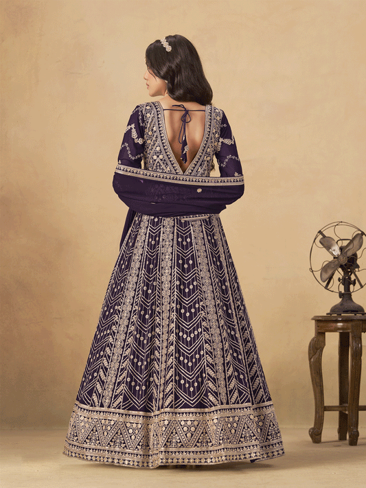 Georgette Wine Purple Embroidered Wedding Anarkali Suit