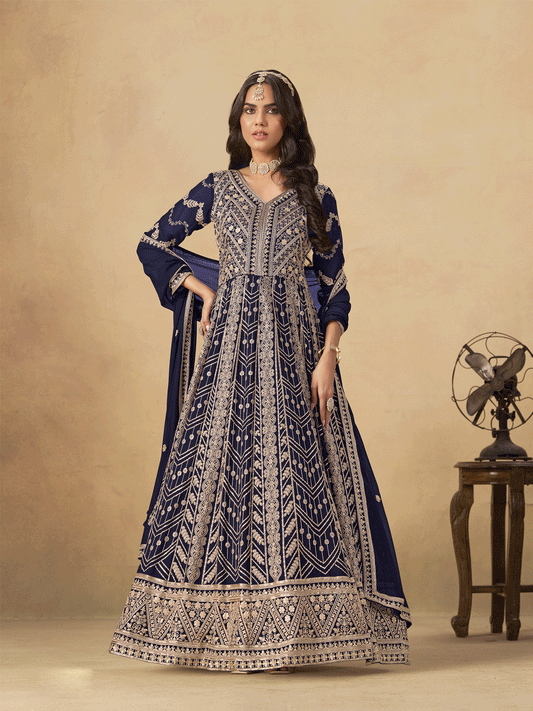 Navy Blue Faux Georgette Zari Embroidered Sequins A Line Anarkali Suit Festive Wear