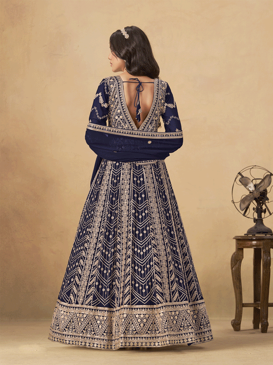 Navy Blue Faux Georgette Zari Embroidered Sequins A Line Anarkali Suit Festive Wear